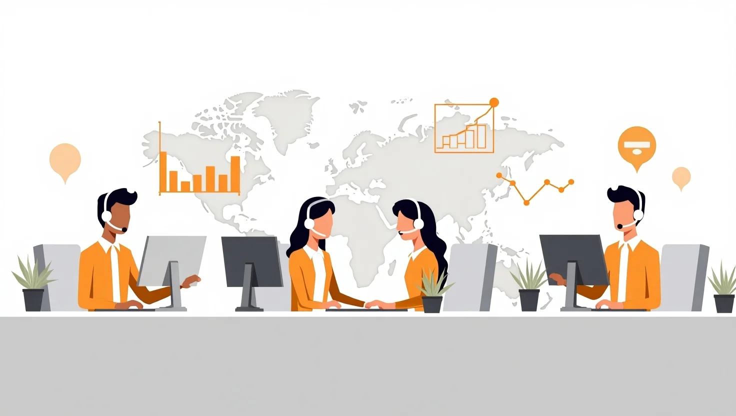 “Create a clean, modern illustration of a professional call center environment: show a diverse team of agents wearing headsets at sleek desks with multiple monitors, subtle charts and graphs floating in the background to symbolize data and efficiency, a world map behind them indicating global reach, using a palette of orange, gray, and white, with clear space at the top for the blog title.”
