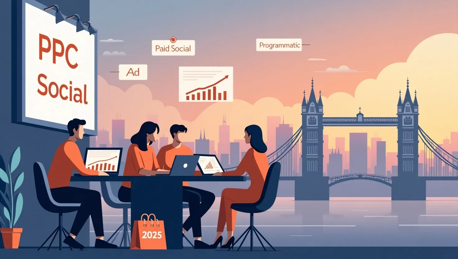 a high‑resolution, modern flat‑vector illustration for a featured blog image showing a stylized London skyline at dusk, with digital billboards and floating ad banners labeled ‘PPC,’ ‘Paid Social,’ and ‘Programmatic.’ In the foreground, diverse marketing professionals collaborate around a sleek conference table with laptops open, graphs rising on their screens. Use a clean, minimalist style with your brand’s accent colors (orange, gray, and white) and include subtle 2025 references (e.g. a small calendar on the table showing ‘2025’) to convey cutting‑edge Paid Media expertise.”