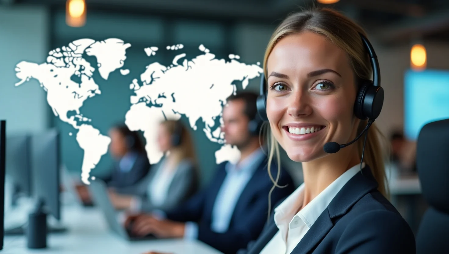 A diverse team of professional agents working in a modern office, illustrating the high-quality service of a call center outsourcing partner.